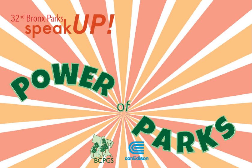 A graphic with orange and pinks lines swirled with words 32nd Annual Speak Up in dark pink and Power of Parks in green.