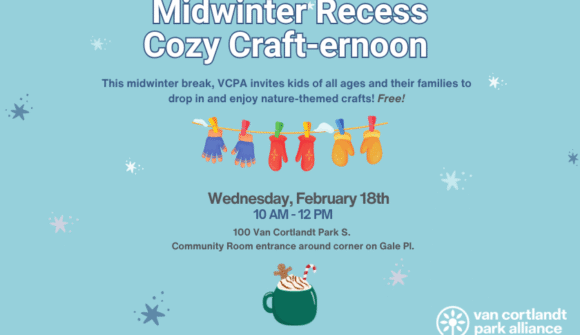 A light blue background with text about an event with graphics of gloves and hot cocoa