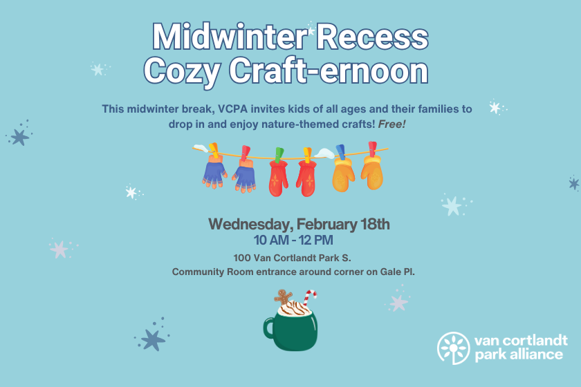 A light blue background with text about an event with graphics of gloves and hot cocoa