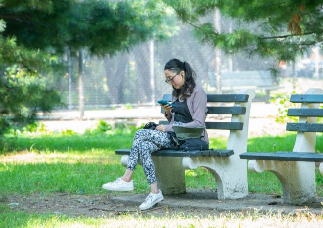 A woman on a park bench looking at her phone with a tree overhead and grass below.