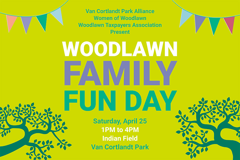 A lime green background with colorful text about Woodlawn Family Fun Day with flags and trees.