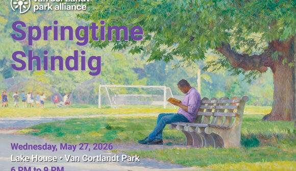 An image that looks like a painting off a man reading on a park bench under a tree and a field with soccer goals behind him.