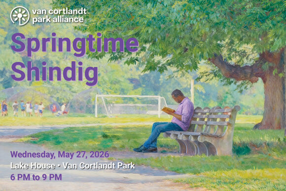 An image that looks like a painting off a man reading on a park bench under a tree and a field with soccer goals behind him.