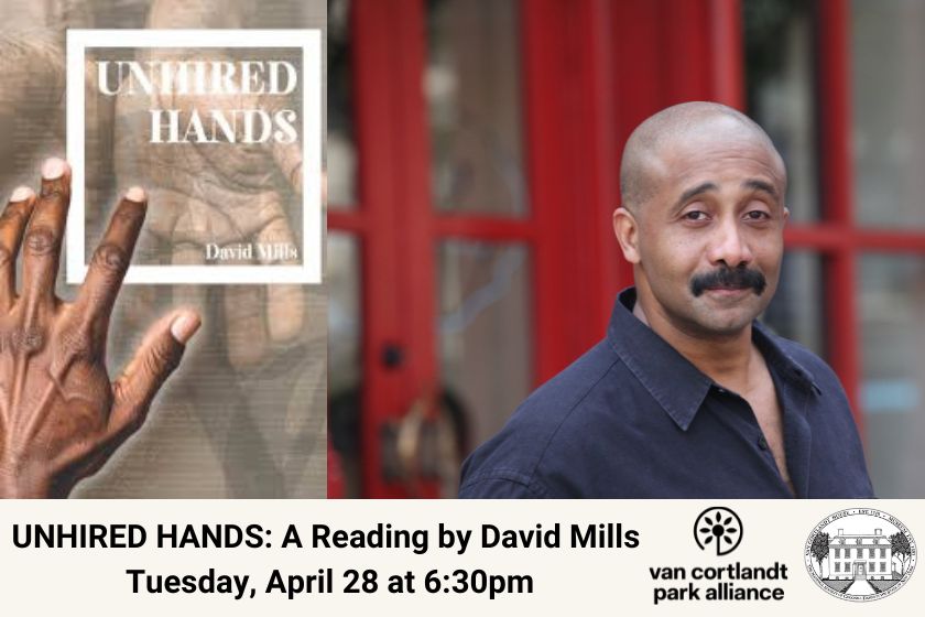 A hand holding a book that says Unhired Hands and a photo of a man in a blue shirt over text about an event.
