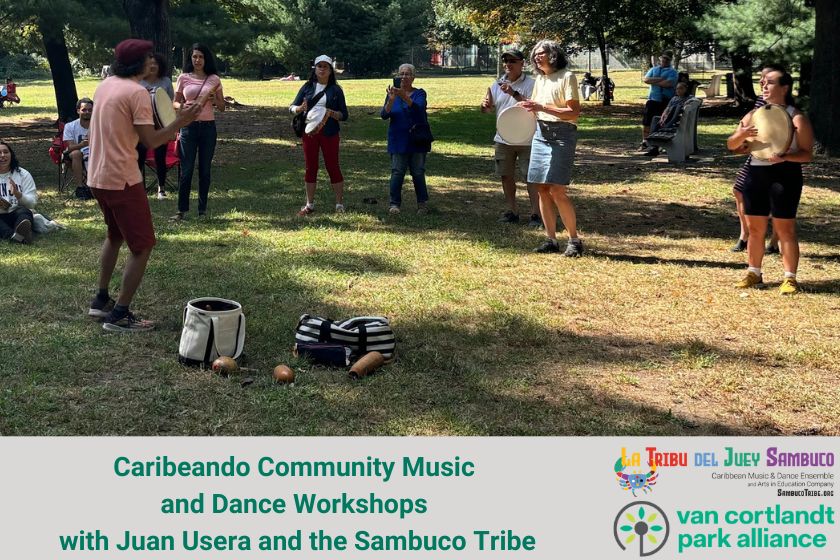 People dancing on a lawn with text about upcoming music and dance workshops.