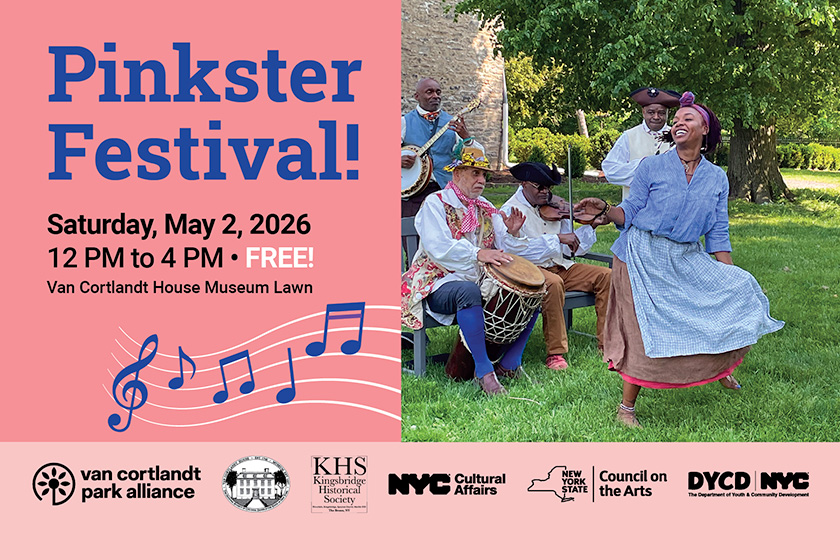 A photo of a woman dancing on grass with people on a bench playing instruments next to blue text that says Pinkster Festival over a pink background