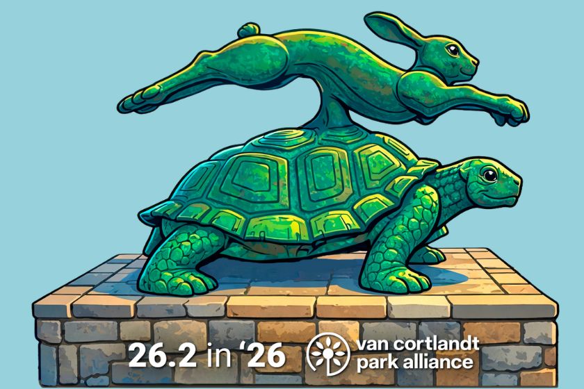 A graphic of a statue of a green hare jumping over a tortoise with the words 26.2 in 26.