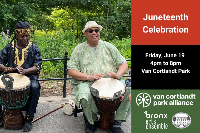 Two men drumming in front of a meadow looking site. with details a Juneteenth event.