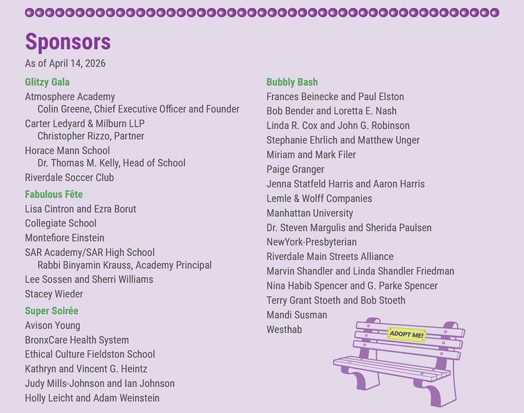 A light purple background with a drawing of a bench and list of Sponsor names