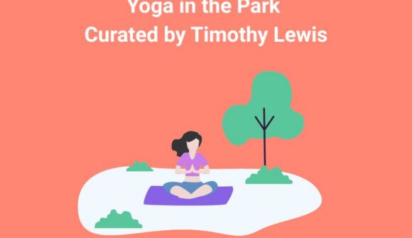 A salmon colored background with a graphic of a woman on a blanket doing yoga next to a tree.