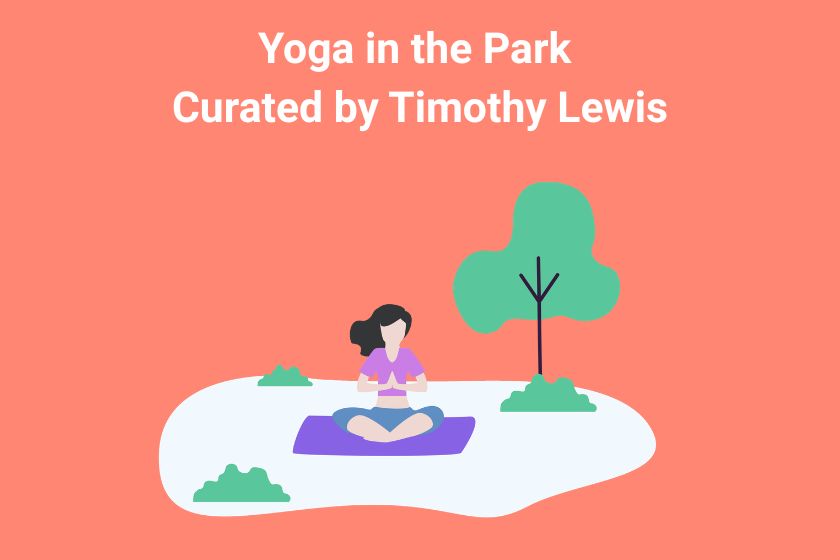 A salmon colored background with a graphic of a woman on a blanket doing yoga next to a tree.