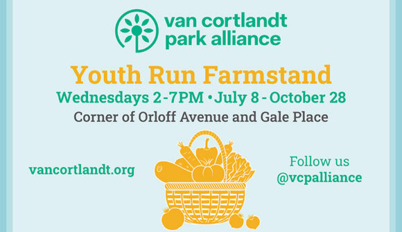 A light blue background with a graphic of a picnic basket and vegetables in a yellow/orange color and text about a farm stand