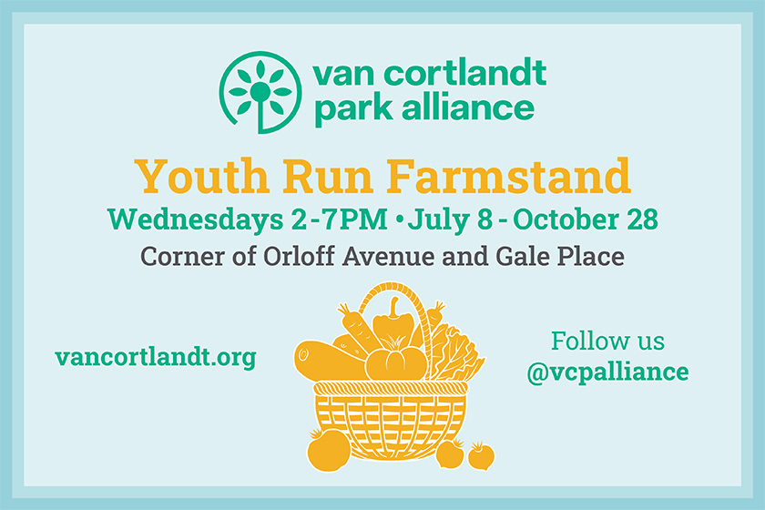 A light blue background with a graphic of a picnic basket and vegetables in a yellow/orange color and text about a farm stand