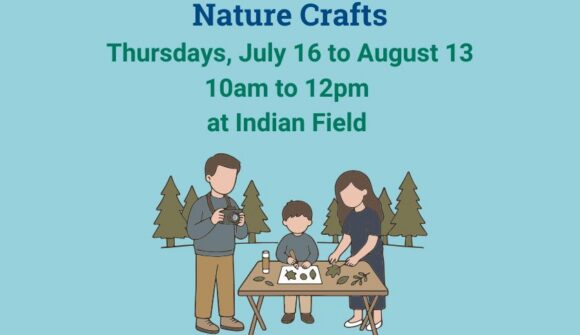 A graphic of a family around a table with leaves on it over a light blue background and details about Nature Crafts program