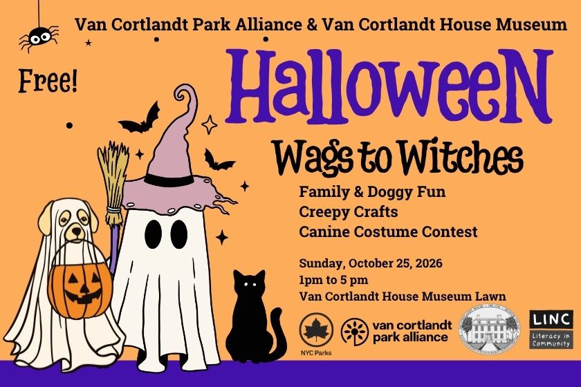 A cute graphic of a dog dressed as a ghost, a ghost with a hat and a cat over a peach background with text about a Halloween event