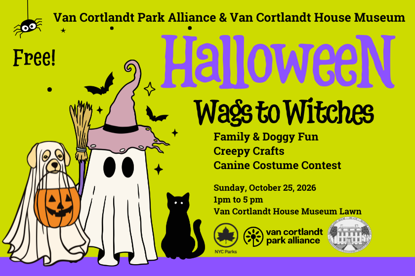 A cute graphic of a dog dressed as a ghost, a ghost with a hat and a cat over a lime green background with text about a Halloween event
