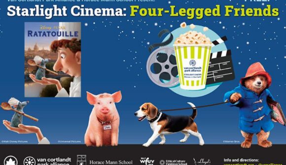 A graphic about a movie series called Four-Legged Friend with a blue background and stars and characters from the movies with a movie poster for Ratatouille