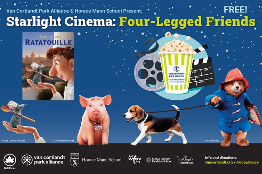 A graphic about a movie series called Four-Legged Friend with a blue background and stars and characters from the movies with a movie poster for Ratatouille