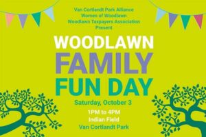 A lime green background with colorful text about Woodlawn Family Fun Day with flags and trees.