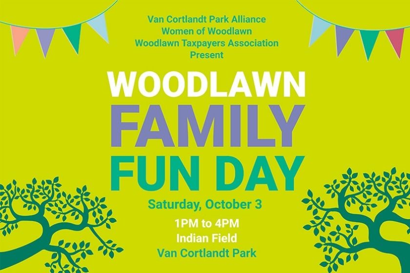 A lime green background with colorful text about Woodlawn Family Fun Day with flags and trees.