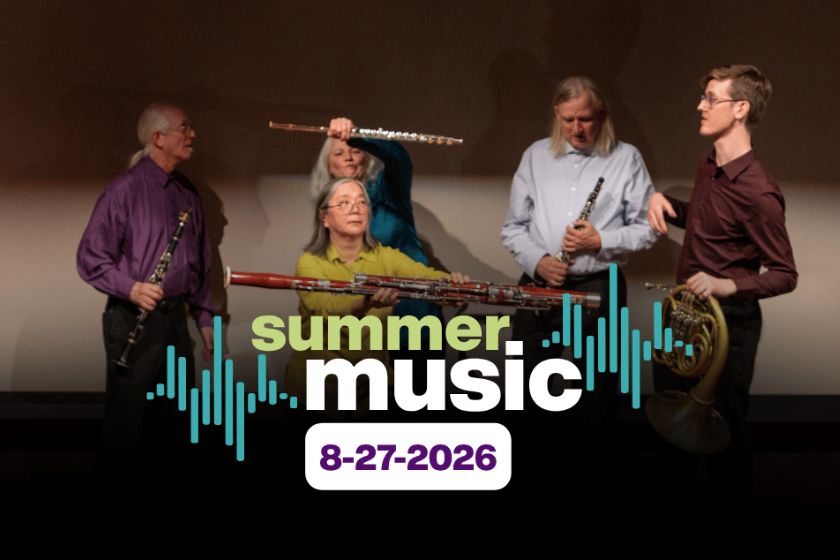 Five people holding musical instrutments with the words Summer Music August 27, 2026