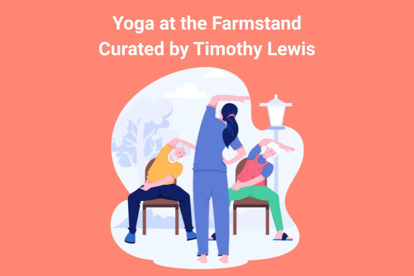 A salmon colored background with a graphic of a woman on a blanket doing yoga next to a tree.