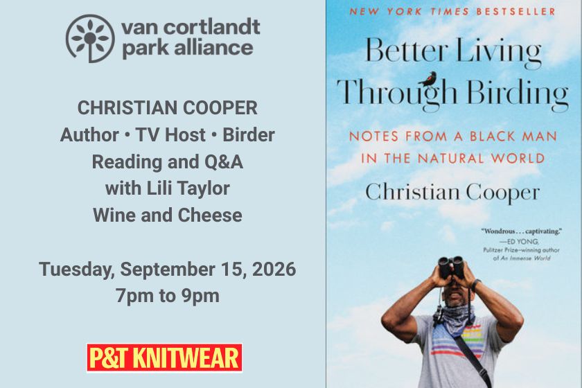 A cover a book with a man with binoculars and a blue sky with clouds with texting about birding and an upcoming reading.