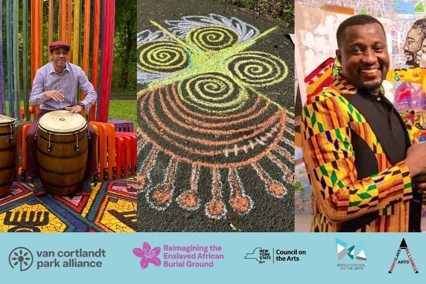 Photos from left to right: a man playing drums in front of colorful wood beams, a colorful chalk drawing and a photo of a man in a colorful blazer