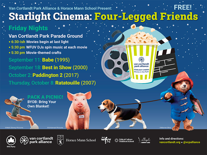 A popcorn bucket and movie reel graphic over a blue background with stars and cartoon images from movies